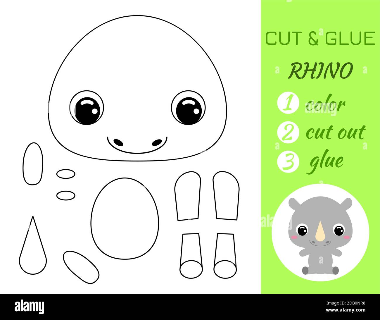 Simple educational game coloring page cut and glue sitting baby rhino for kids. Educational paper game for preschool children. Color, cut parts and gl Stock Vector