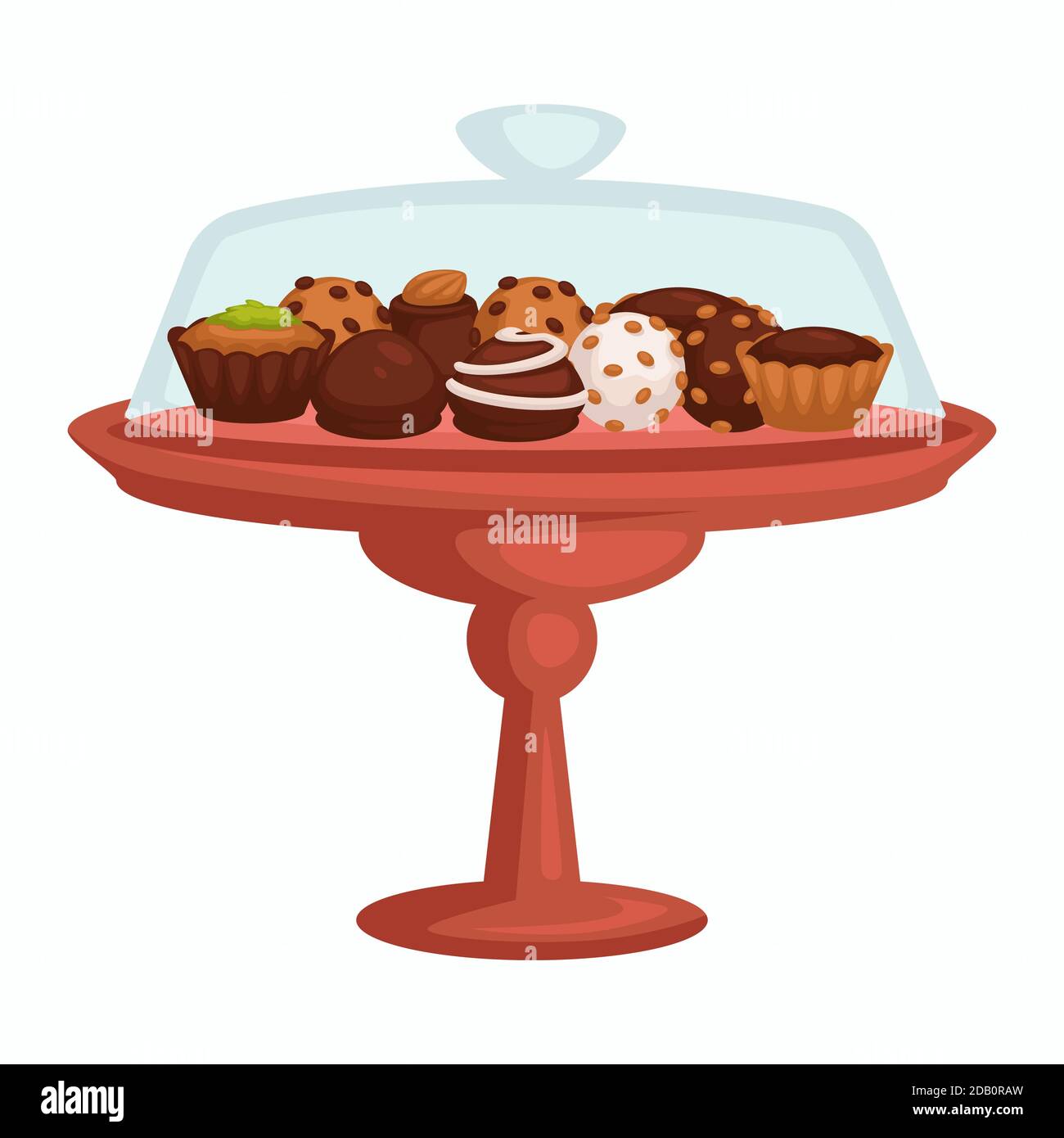 Chocolate cake and cupcake cookie and candy on stand isolated object Stock Vector
