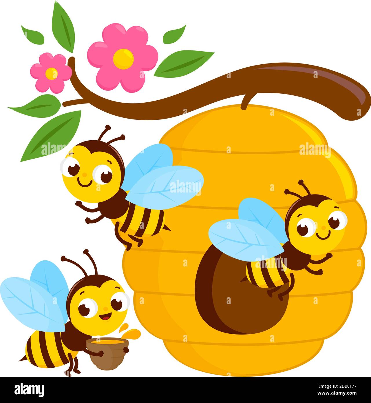 Bees flying around a beehive. Vector illustration Stock Vector