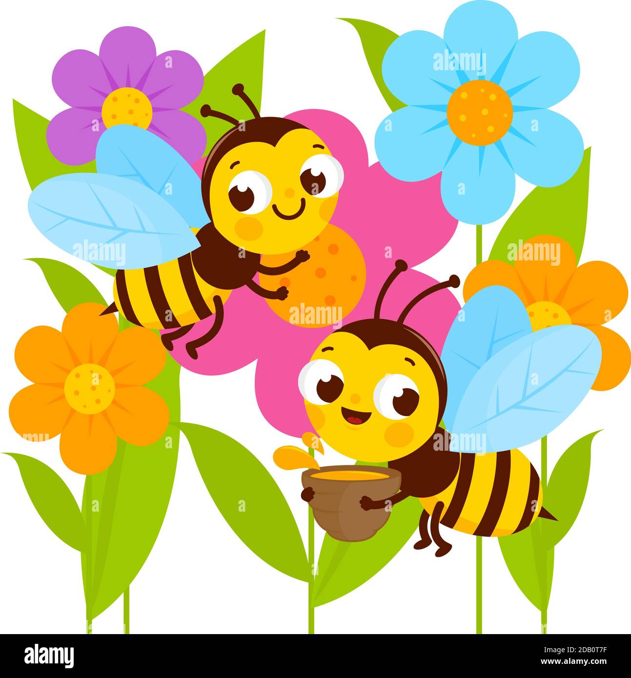 Bees flying around flowers. Vector illustration Stock Vector