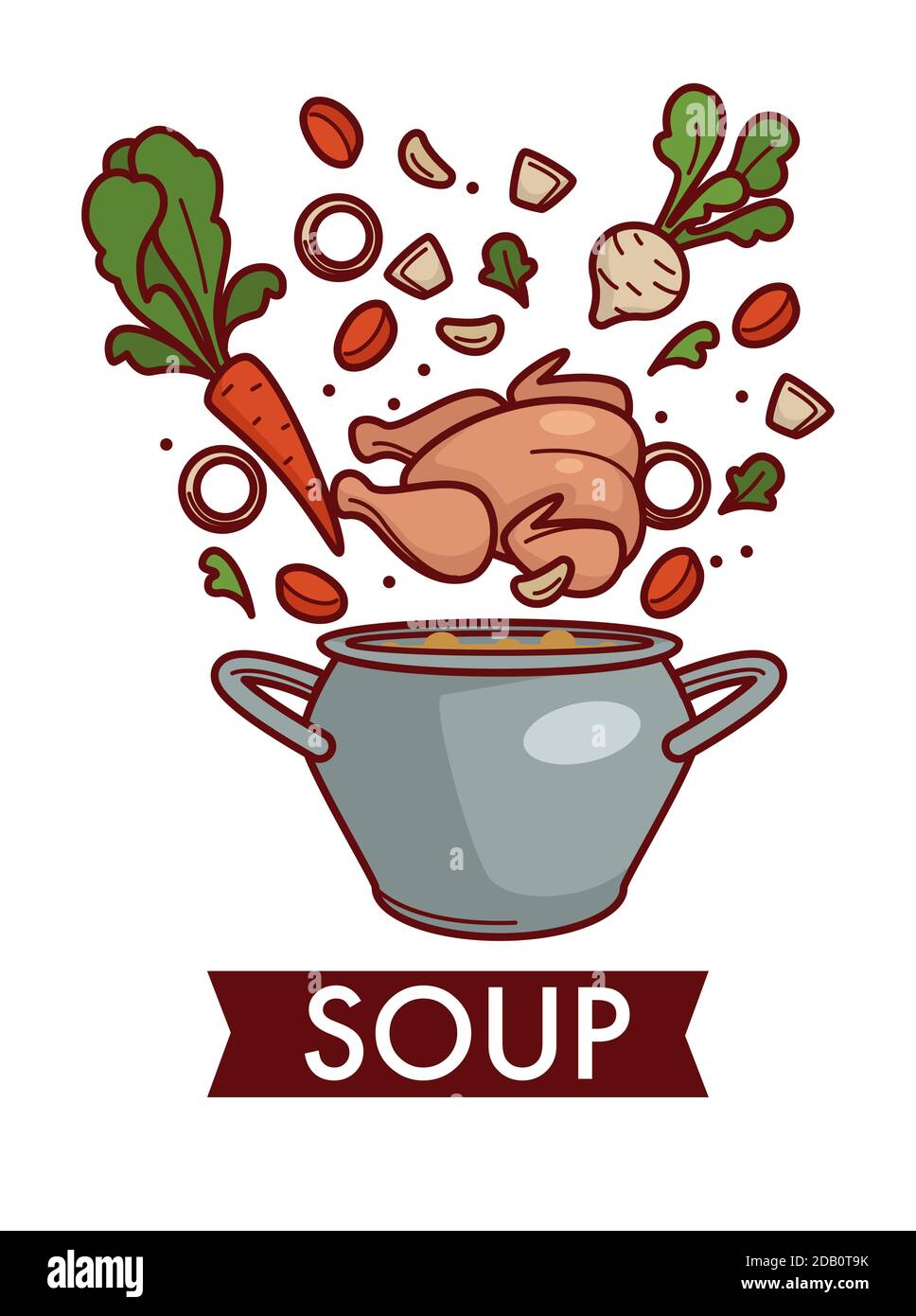 Soup or chicken bouillon in saucepan cooking and culinary recipe Stock Vector