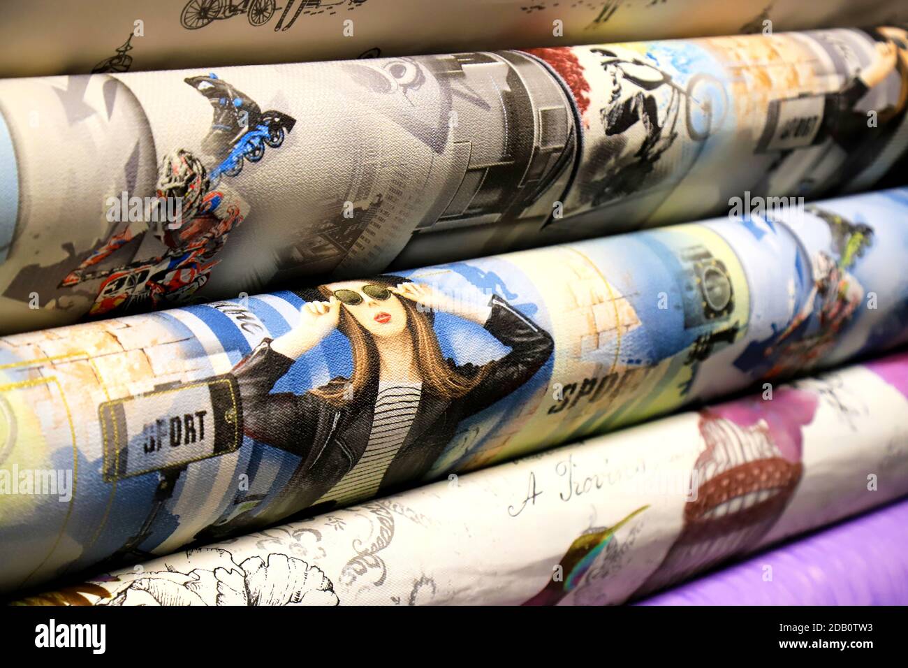 Rolled up rolls of vinyl wallpaper in a building supermarket, shop. Colorful wallpaper for the wall, decorative materials for the renovation of a room Stock Photo