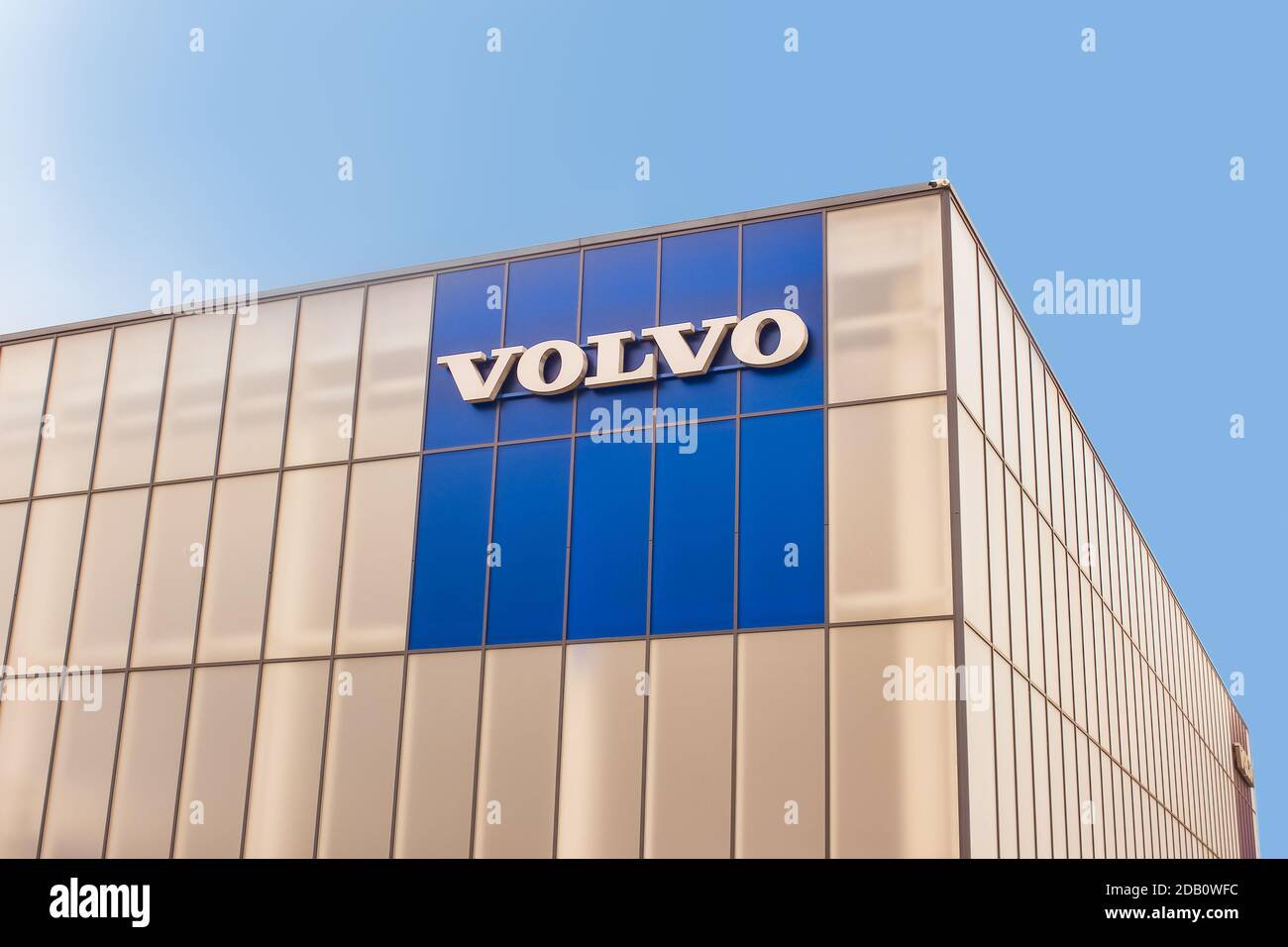 Kyiv, Ukraine - July 29, 2020: A Volvo logo seen on blue sky in Kiev, Ukraine on July 29, 2020 Stock Photo