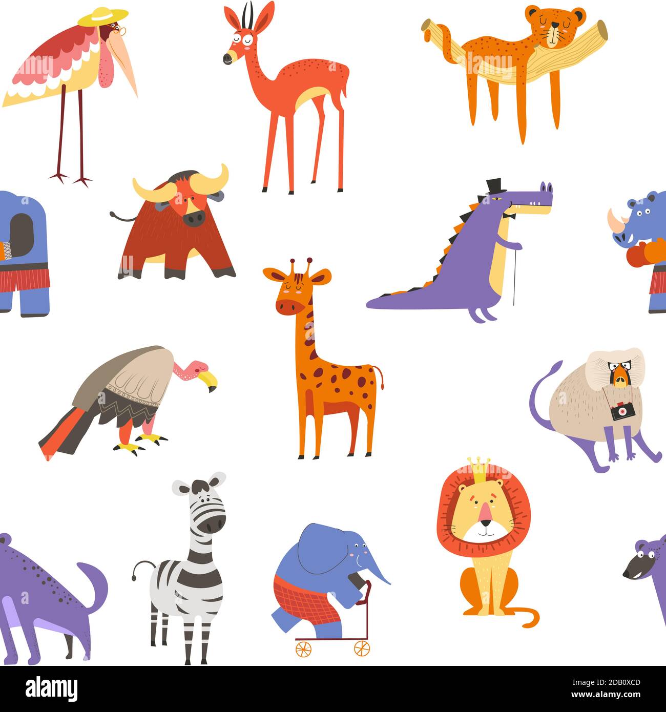 Animals seamless pattern, lion and zebra, macaque and elephant Stock Vector