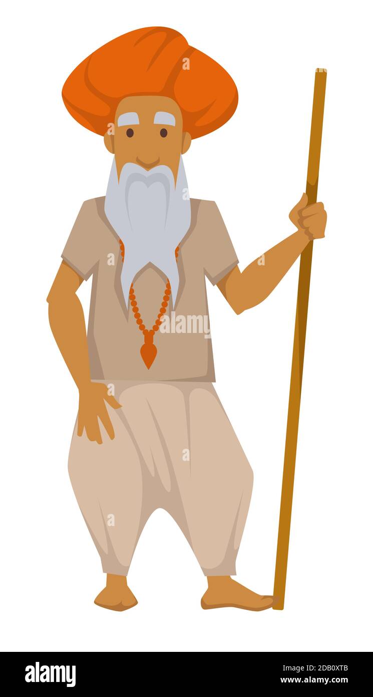 Indian elderly man with wooden stick in turban with cross on neck Stock Vector