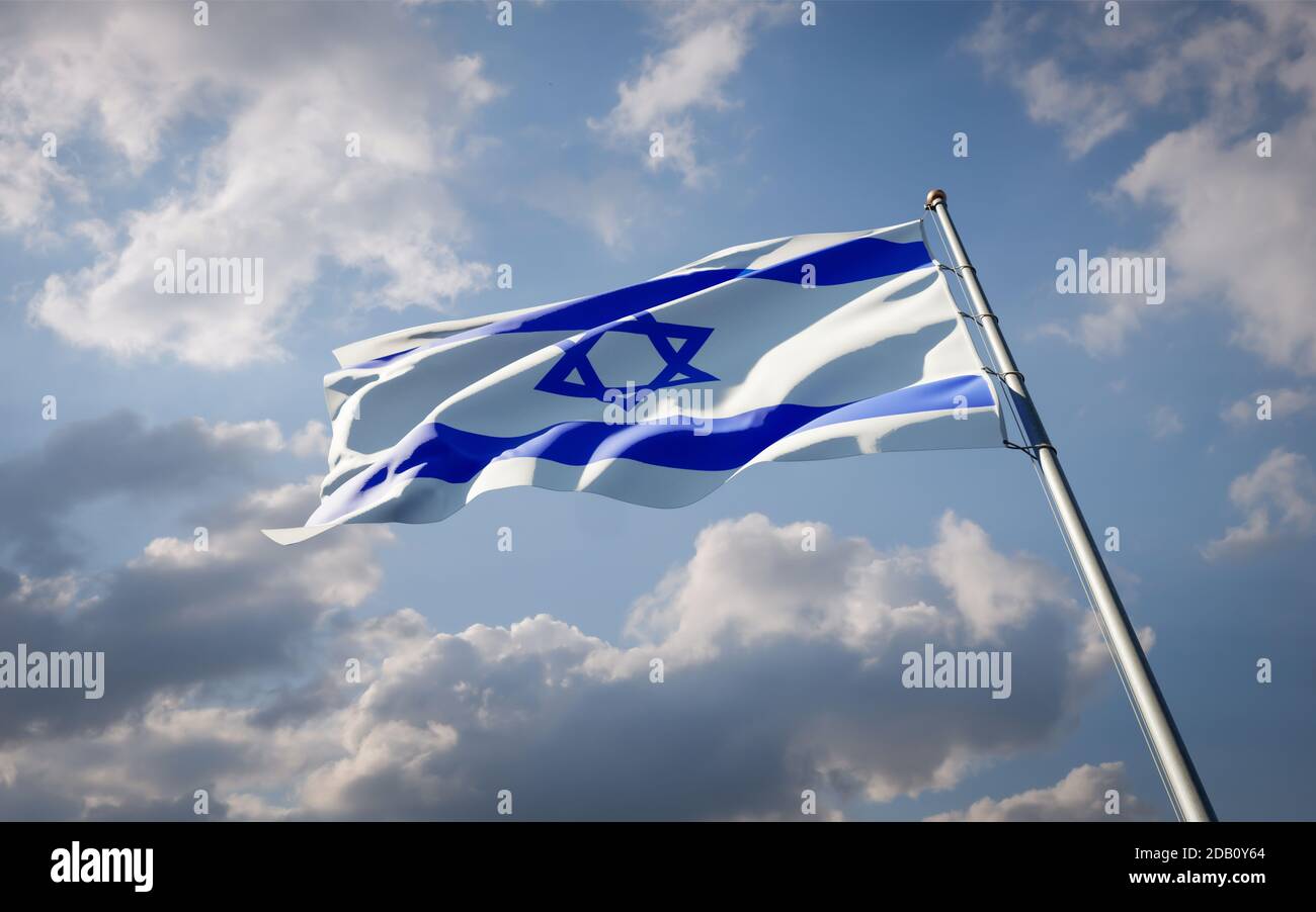 Beautiful national state flag of Israel fluttering at sky background ...