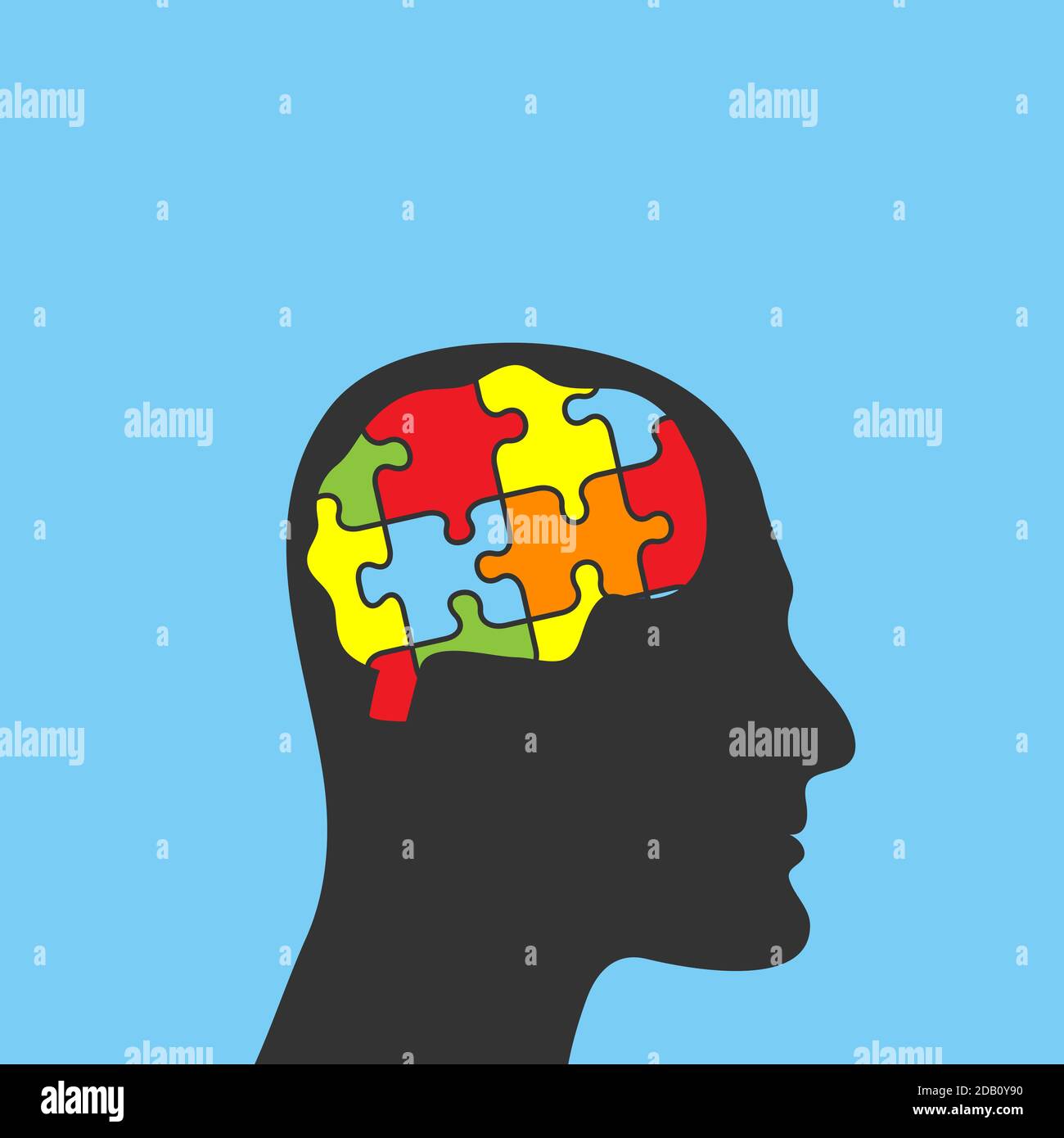 Silhouette of head man with puzzle pieces in the brain. Education
