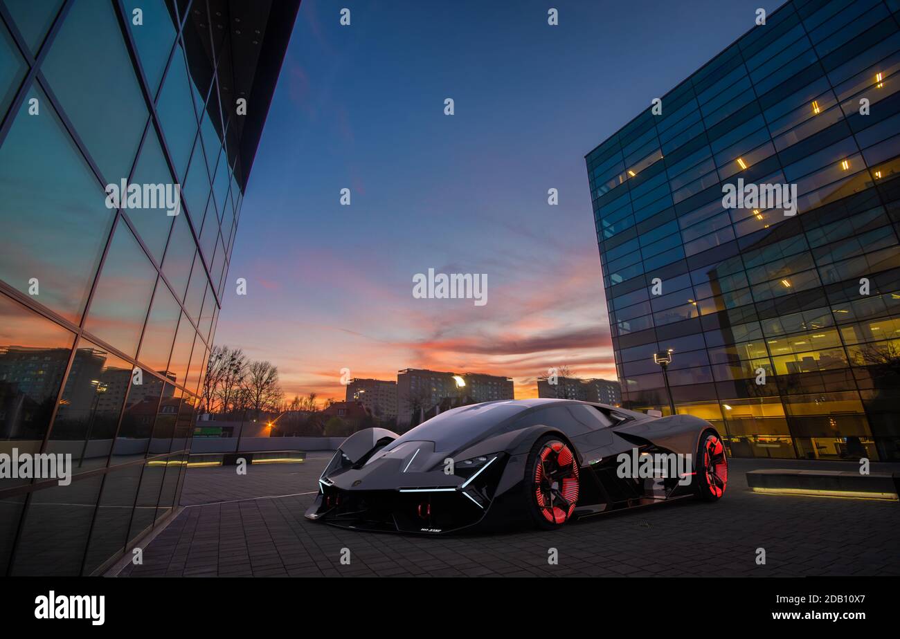 Futuristic Electric Lamborghini Terzo Millennio against a background of modern architecture Stock Photo