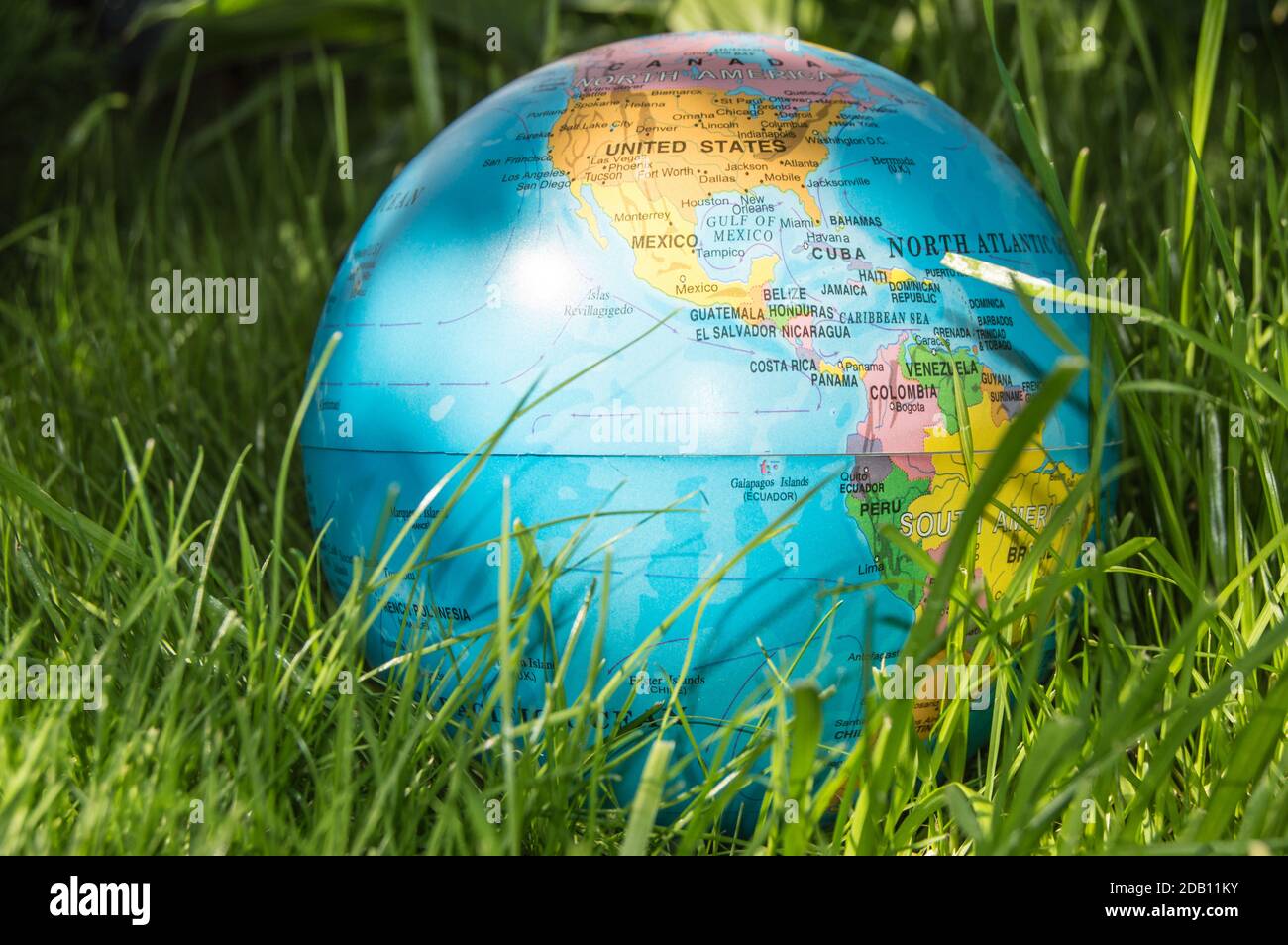 The globe model of the Earth in green grass showing ECO concept ...