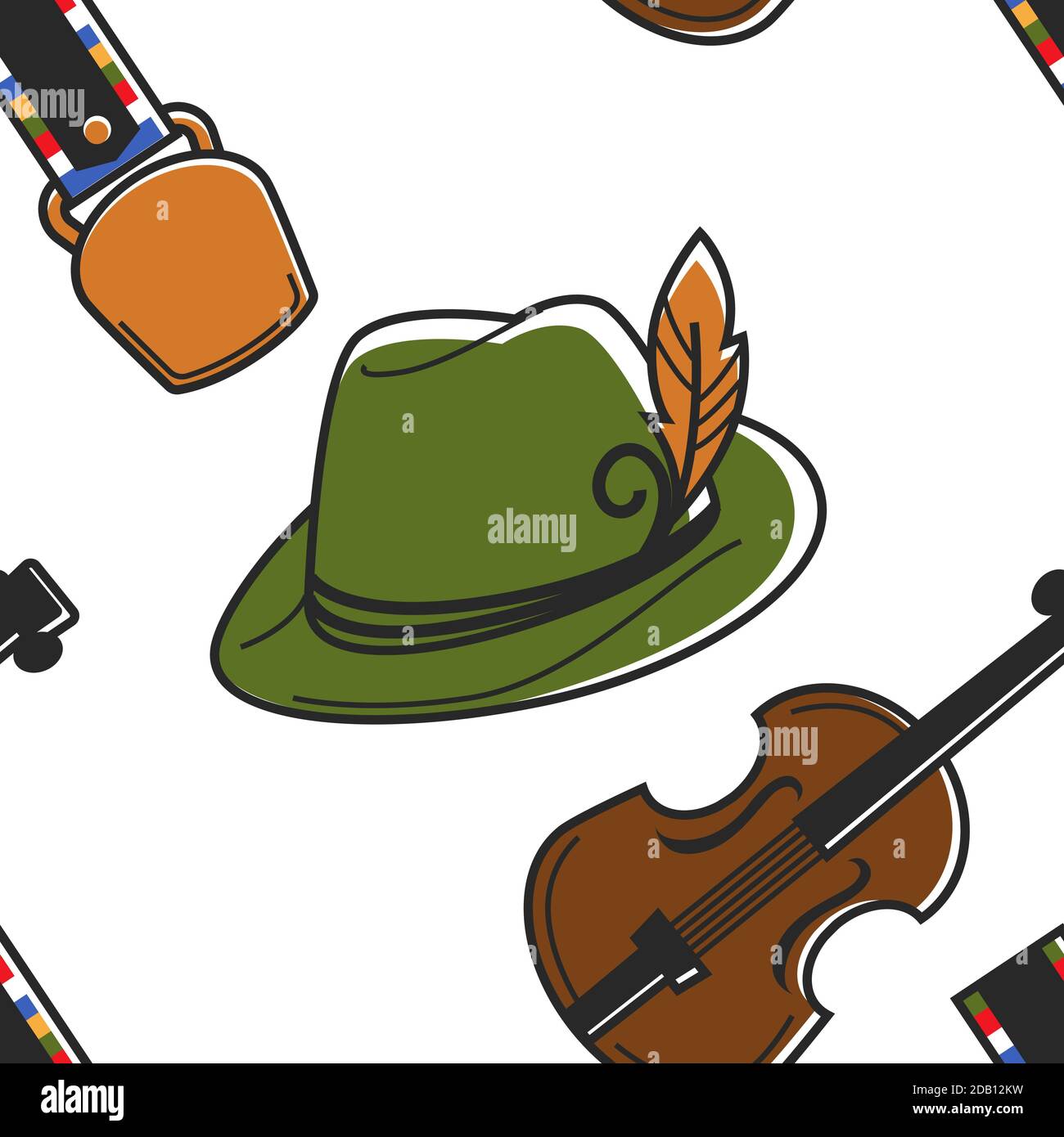 Austrian symbols seamless pattern hat with feather and violin Stock Vector