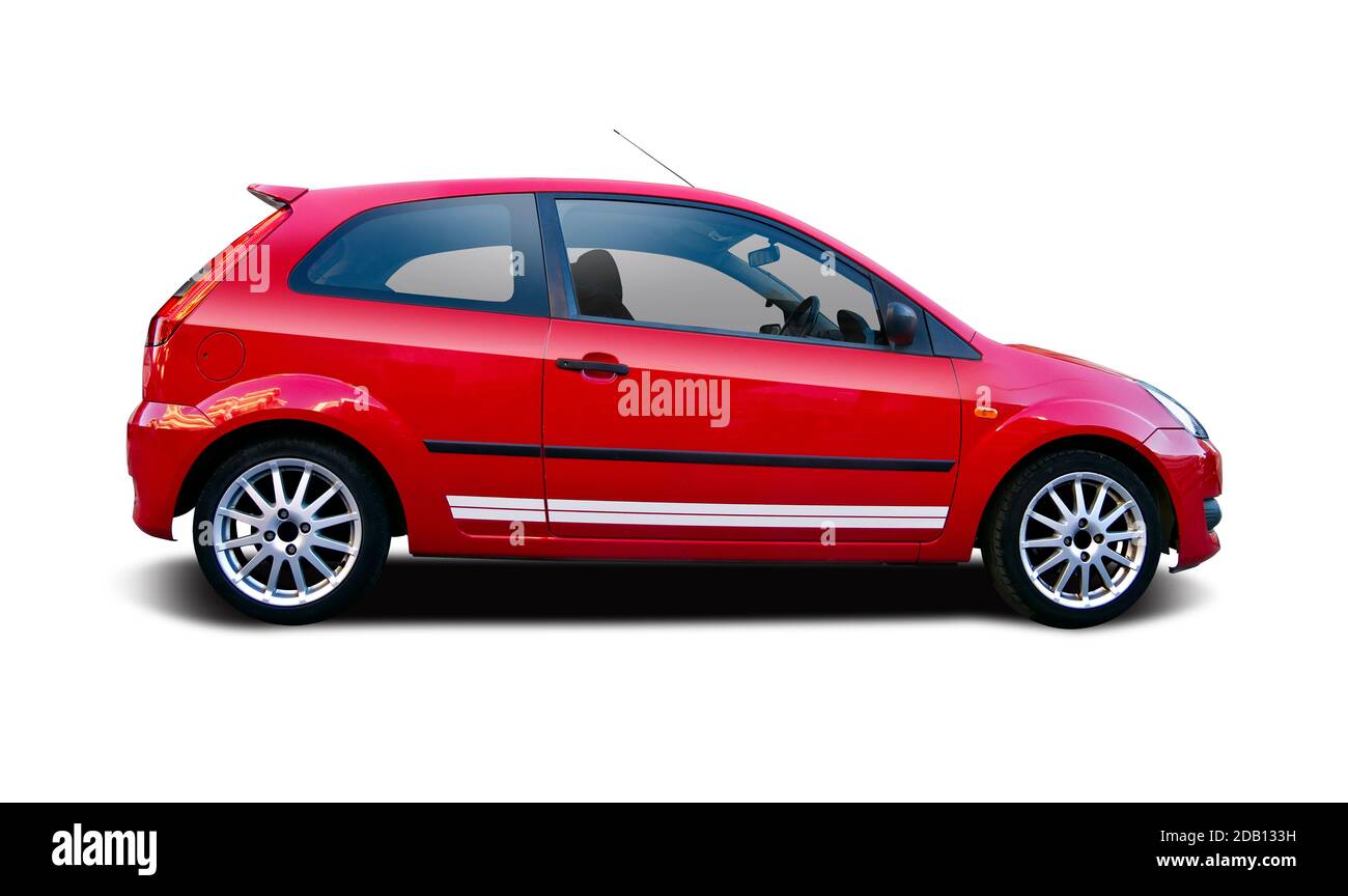 Red sport hatchback car side view isolated on white background Stock Photo