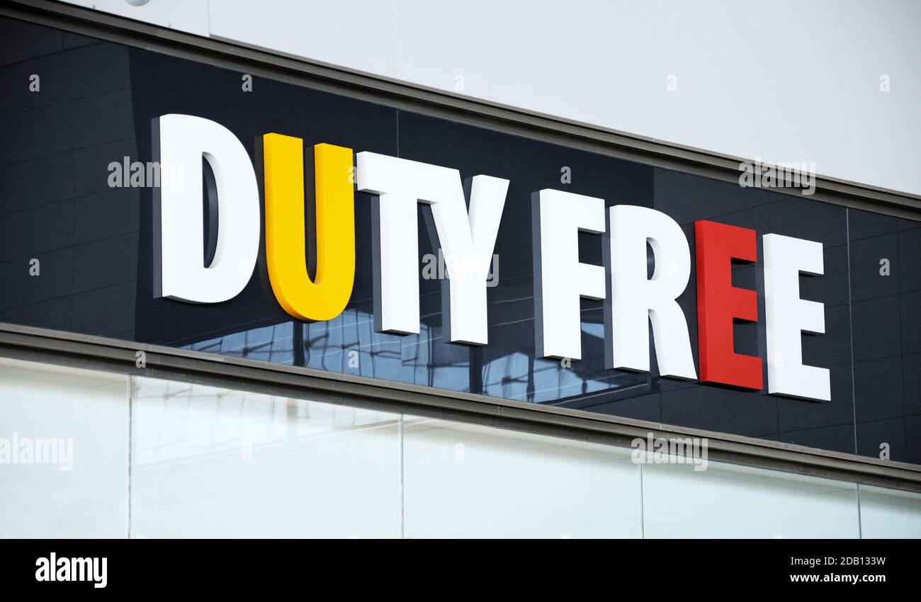 Duty Free shop sign inside Terminal 3 at Malaga airport, Malaga, Malaga Province, Costa del Sol, Andalucia, Spain, Europe. Stock Photo