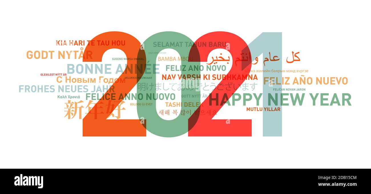 Happy new year 2021 card from the world in different languages Stock Photo