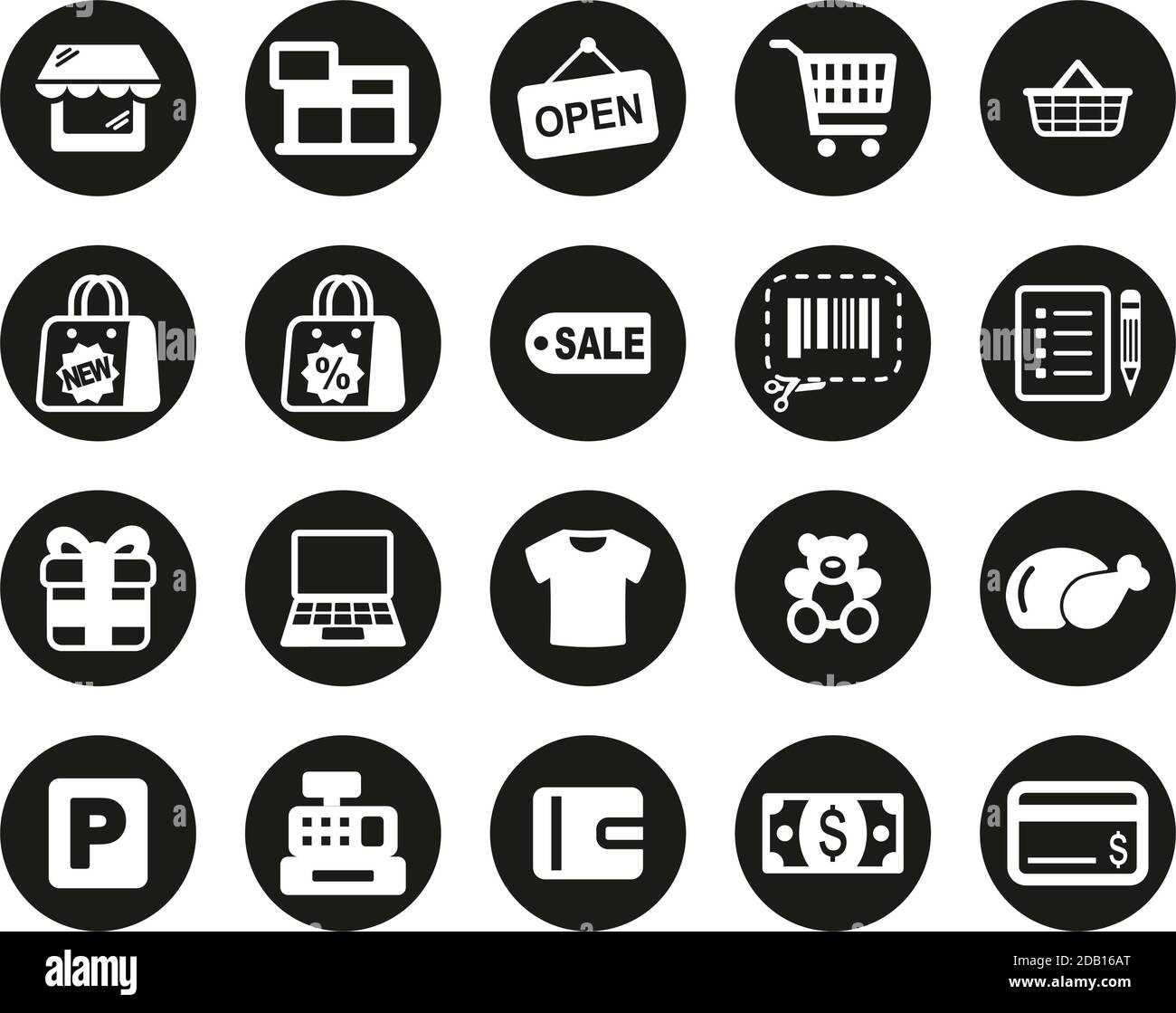 Shopping Mall Or Supermarket Icons White On Black Flat Design Circle ...