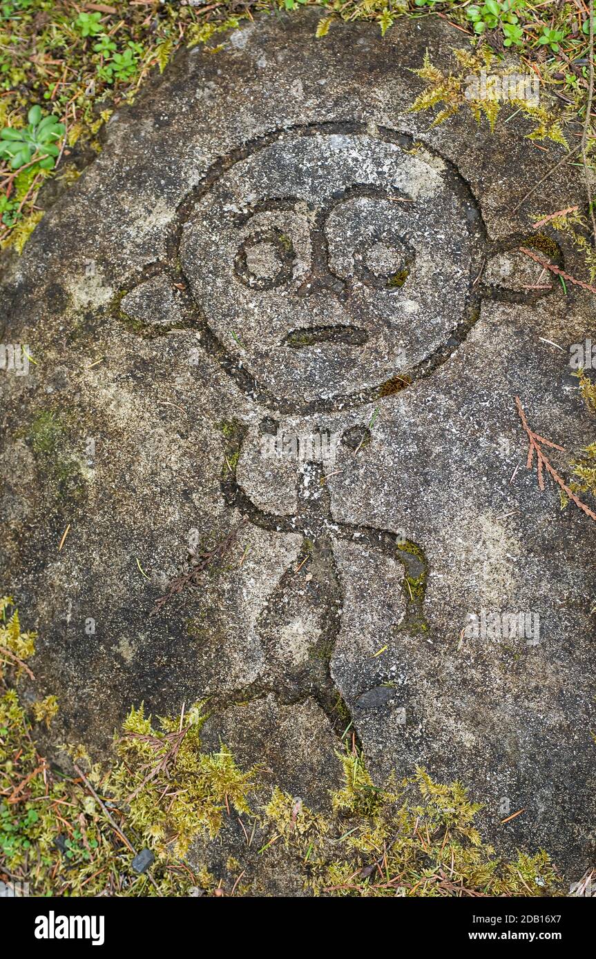 Early mystic rock carvings on Gabriola Island known as part of the Malaspina Gaalleries. Stock Photo