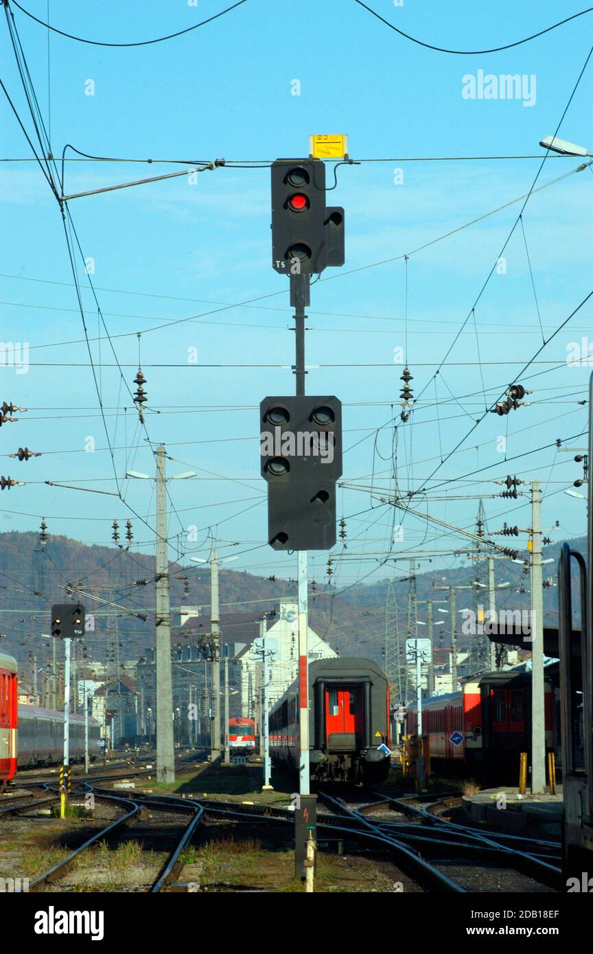 railway signaling in railway transport, showing a red traffic light