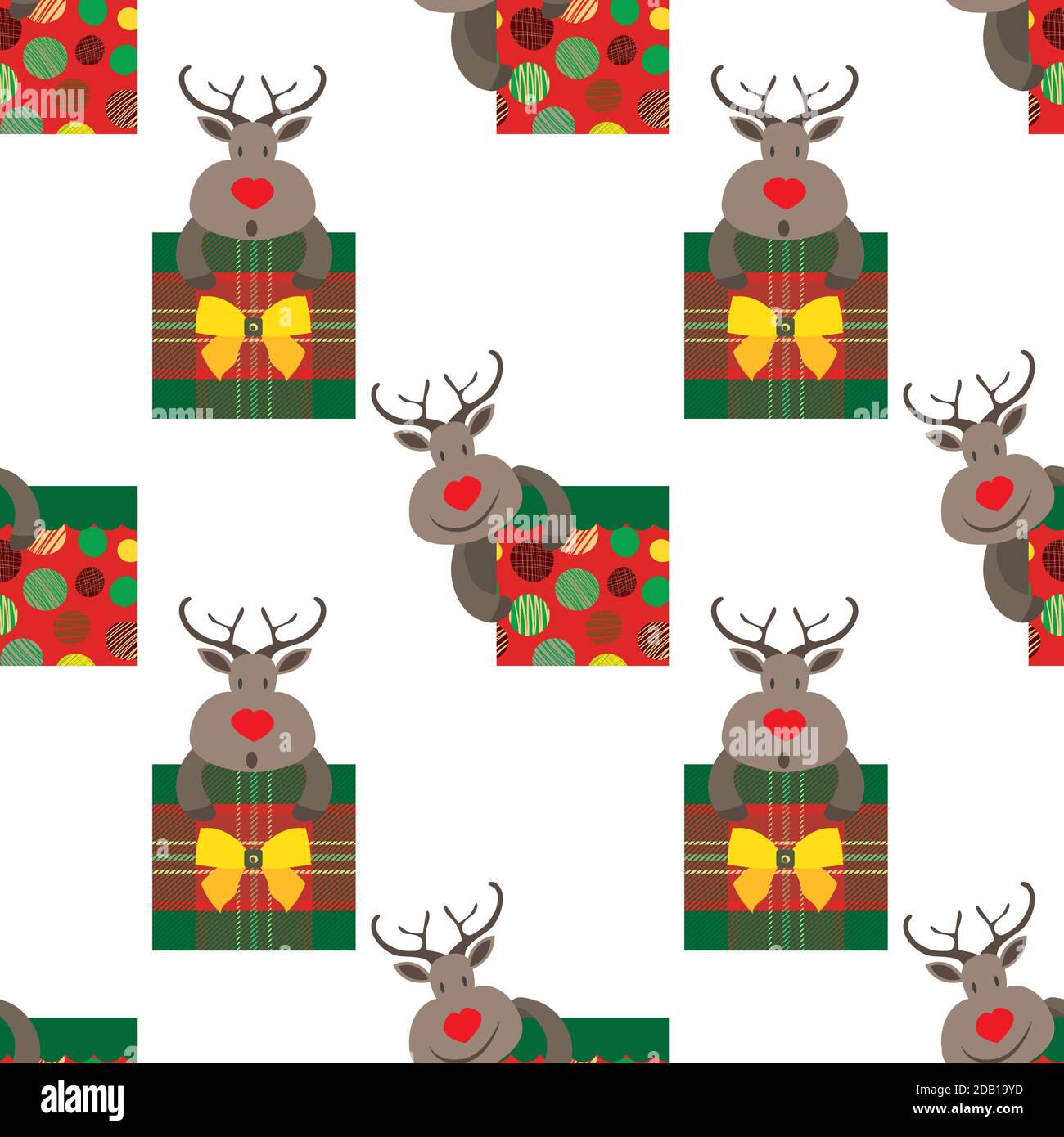 Vector cartoon reindeer with giftboxes seamless pattern background ...