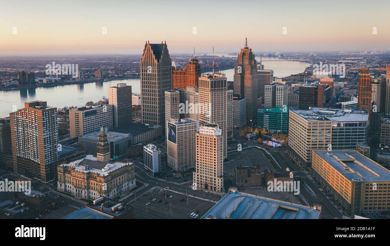 November sunrise on the city of Detroit, MI. Ambassador Bridge in the background. Stock Photo