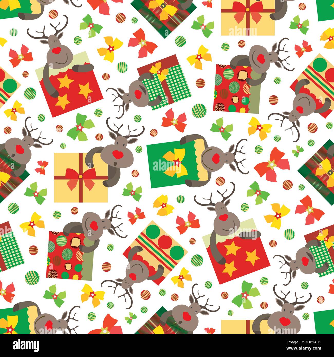 Vector cartoon reindeer with giftboxes seamless pattern background ...