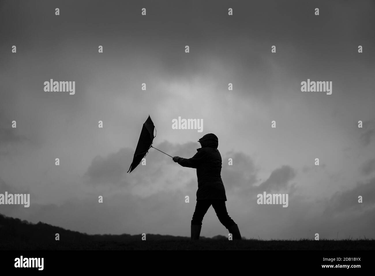 Mono side view of isolated woman struggling with umbrella, strong wind blowing brolly inside out, silhouetted against dark storm clouds. Stock Photo