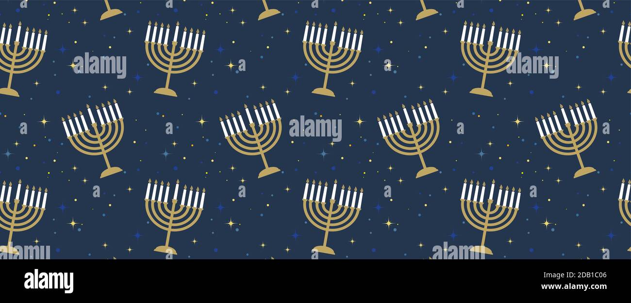 Happy Hanukkah banner . image of jewish holiday Hanukkah background with golden menorah pattern, traditional candelabra and candles Stock Vector