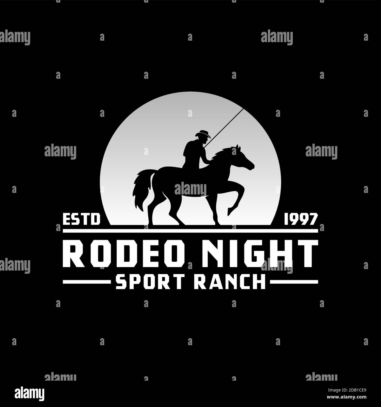 Cowboy Riding Horse Silhouette at night / Moon or Sun Set Sun logo design illustration Stock Vector