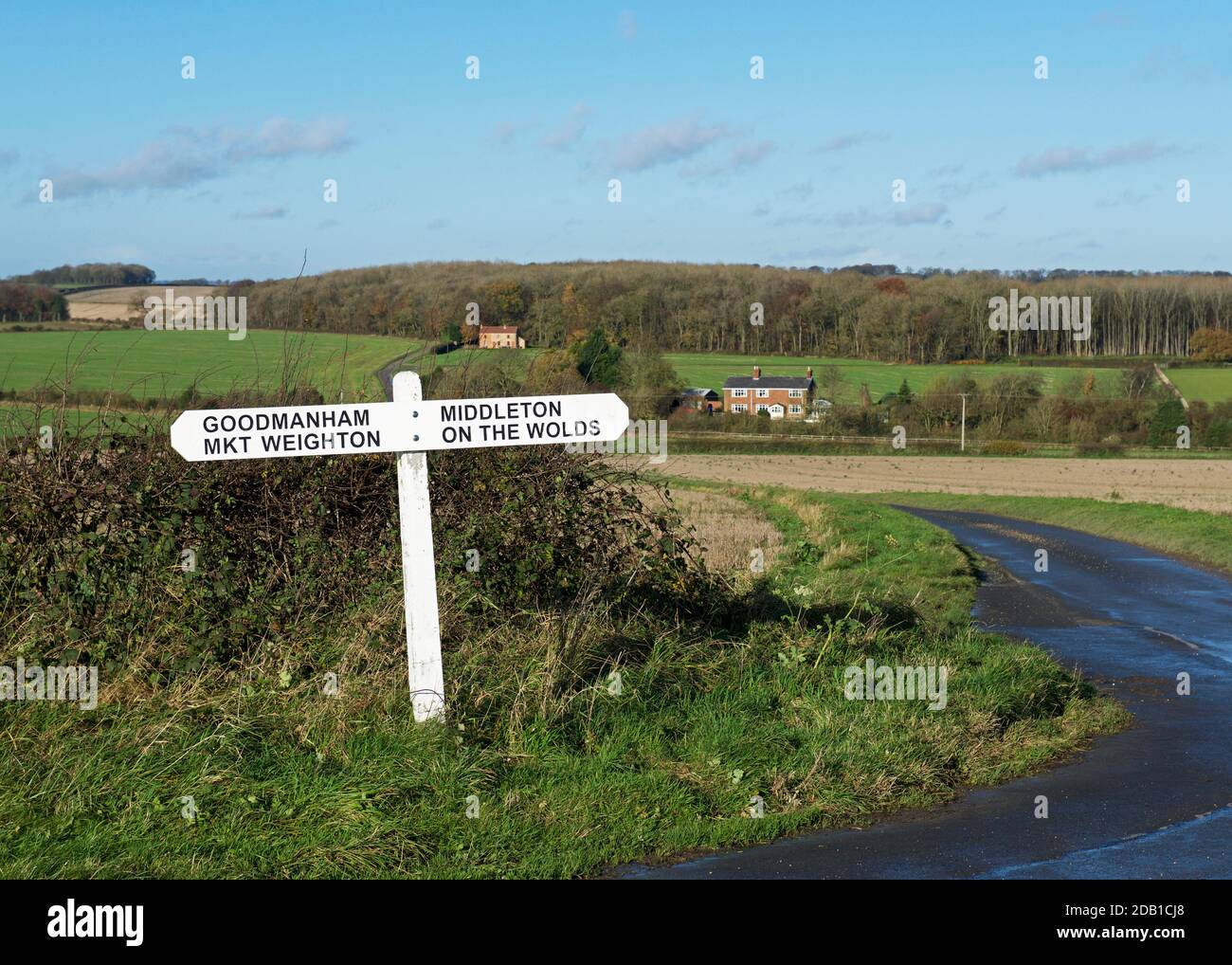 Traditional wooden road-sign in the Yorkshire Wolds, East Yorkshire, England UK Stock Photo