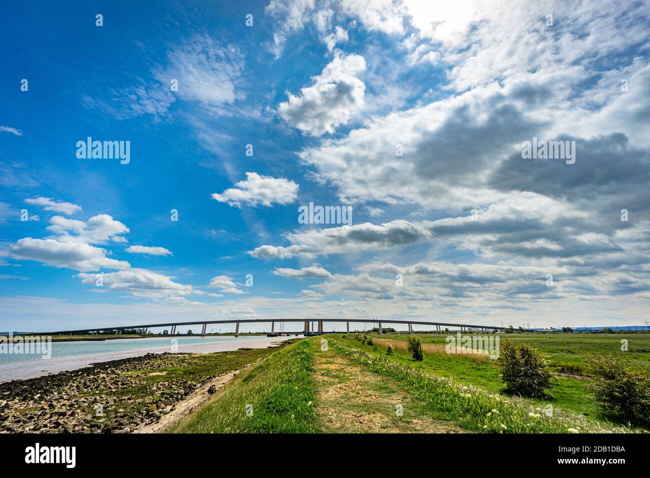 Sheppey Crossing with the older Kingsferry Bridge In Kent In The Untited Kingdom Stock Photo