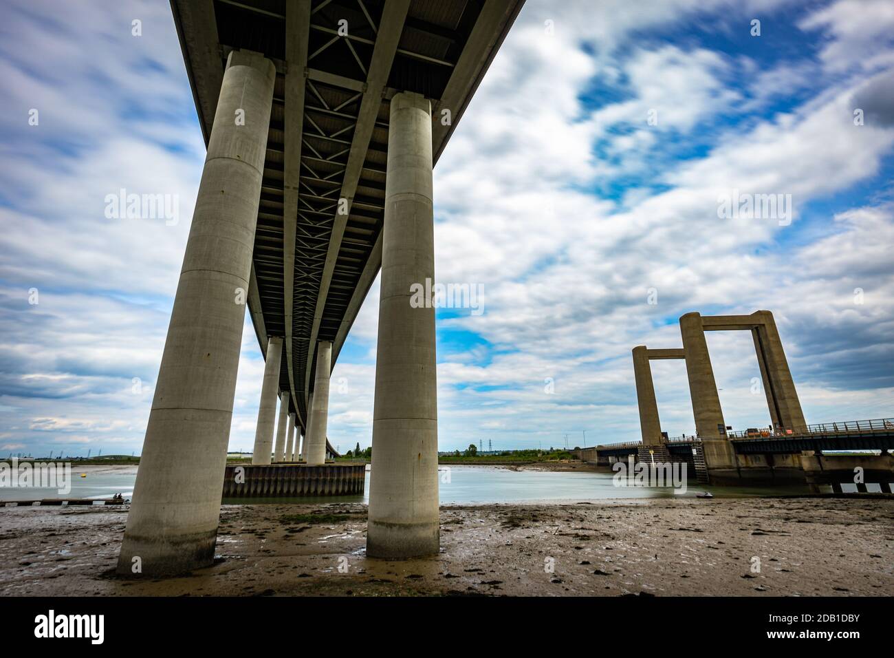 Sheppey Crossing with the older Kingsferry Bridge In Kent In The Untited Kingdom Stock Photo