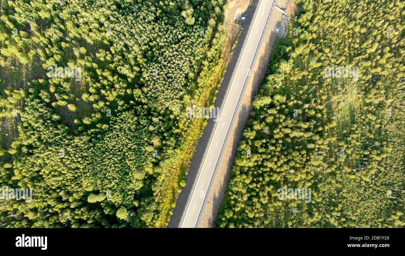 Aerial birds eye view over an empty country road without car between green forest on sunny day. Scenic top view from drone on nature landscape and hig Stock Photo