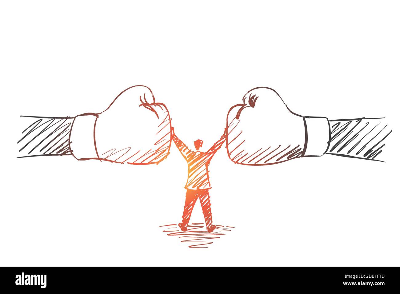 Hand drawn man standing between two human fists Stock Vector