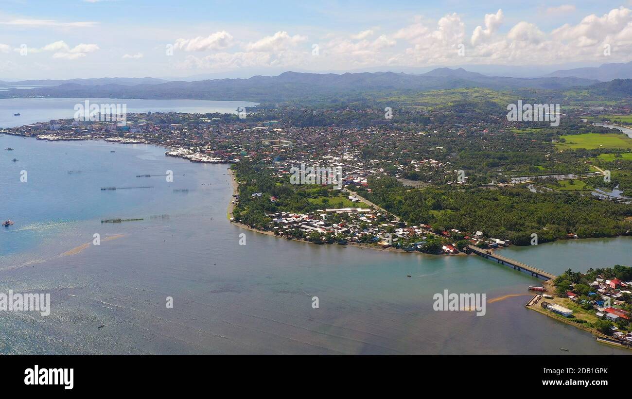Cityscape of Surigao City, with residential areas. Mindanao, Philippines. City in Asia view from above. Surigao del Norte. Stock Photo