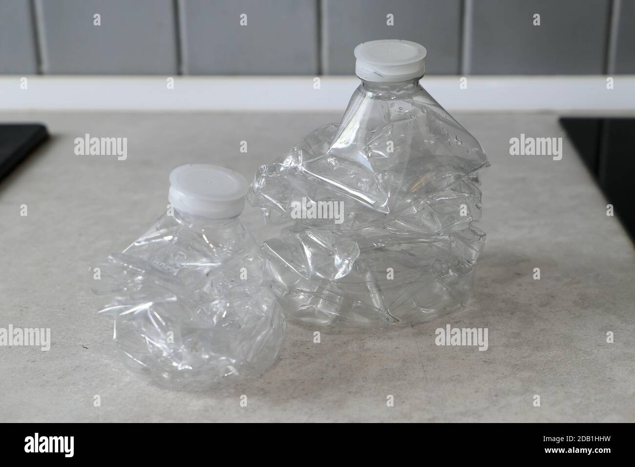 Empty plastic bottles crushed and compressed for recycling. Garbage