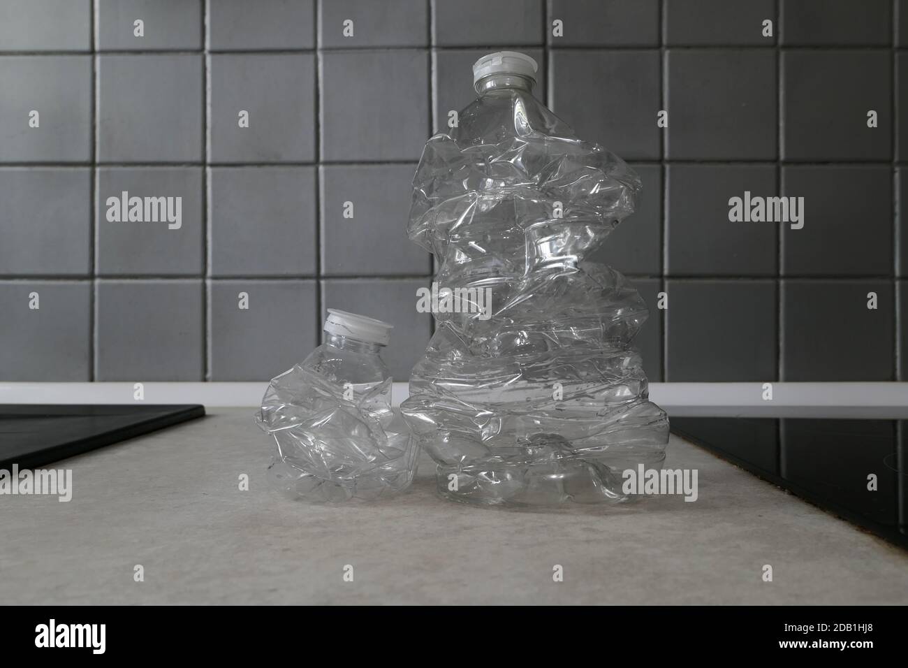 Empty plastic bottles crushed and compressed for recycling. Garbage