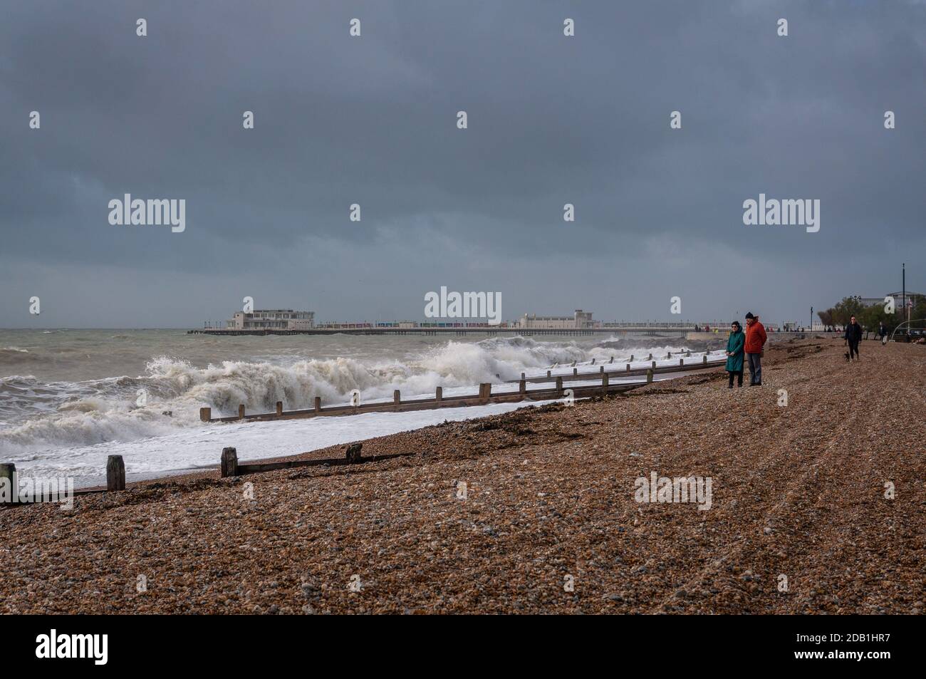 Rough sea and high winds on Worthing seafront, West Sussex, UK Stock Photo