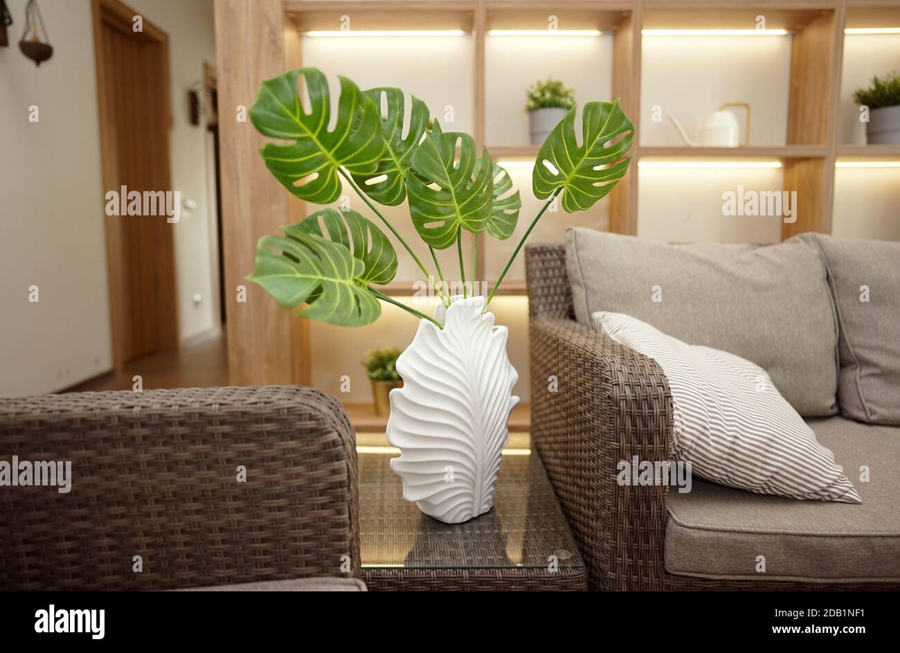 Monstera flower with bright green leaves stands in the home interior. Cosiness concept. Modern appartment Stock Photo