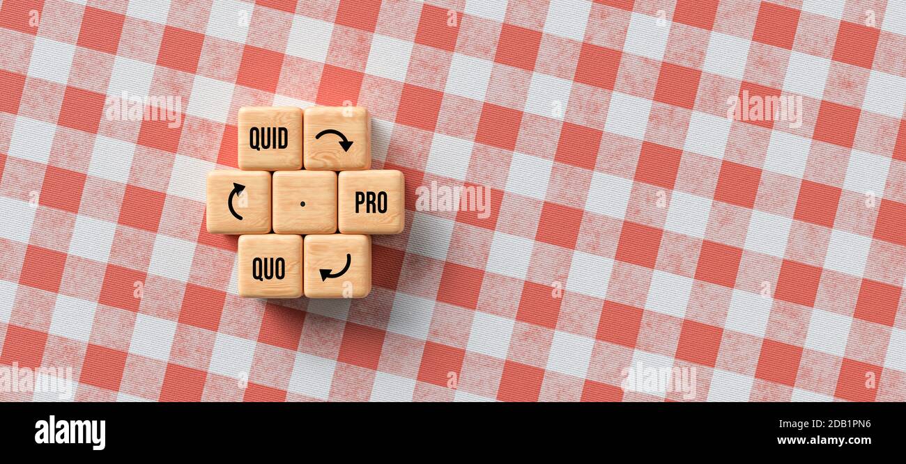 cubes with message QUID PRO QUO as a circle on kitchen table background - 3d illustration Stock Photo