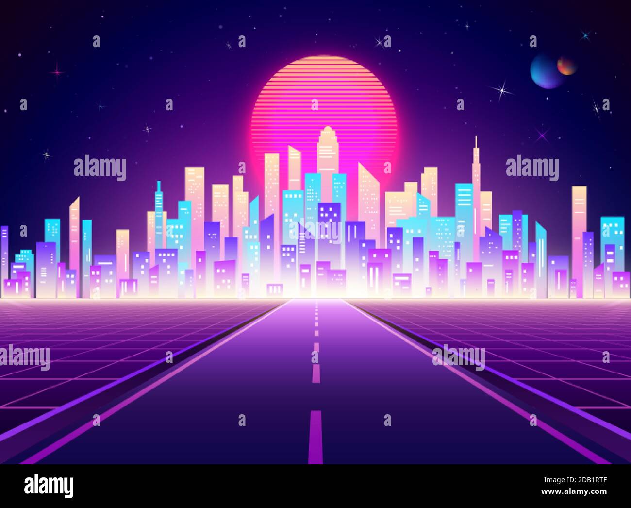 Neon retro city landscape. Highway to Cyberpunk futuristic town. Sci-fi background abstract digital architecture. Vector illustration Stock Vector