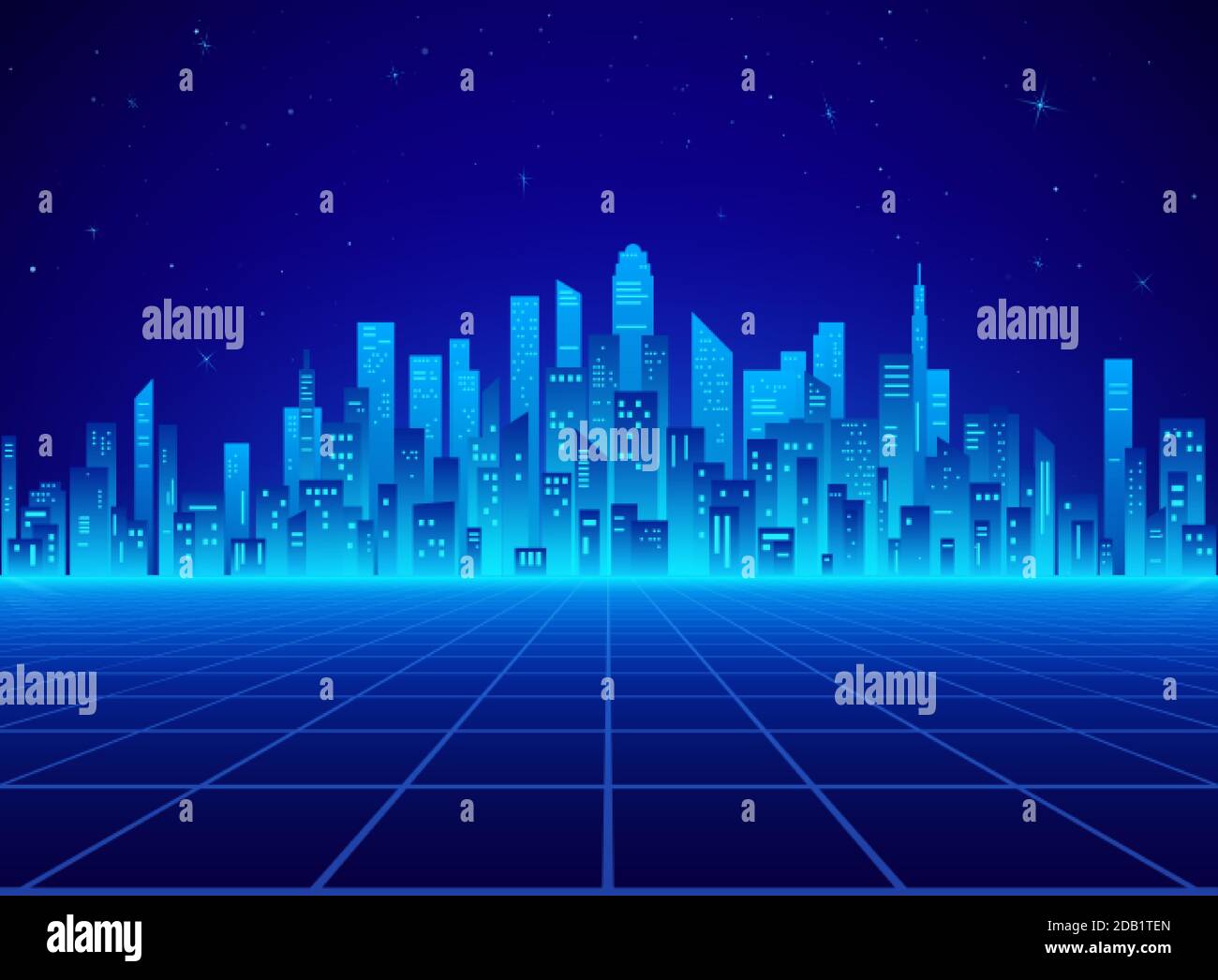 Neon retro city landscape in blue colors. Cyberpunk futuristic town. Sci-fi background abstract digital architecture. Vector illustration Stock Vector