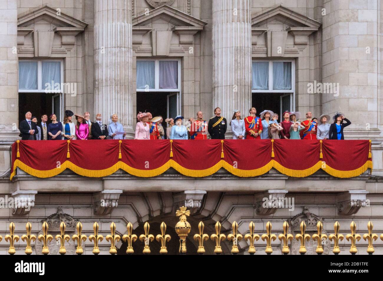 Her Majesty Queen Elizabeth II, Prince Philip and the British Royal Family on the balcony of Buckingham Palace during the flypast, Trooping the Colour Stock Photo