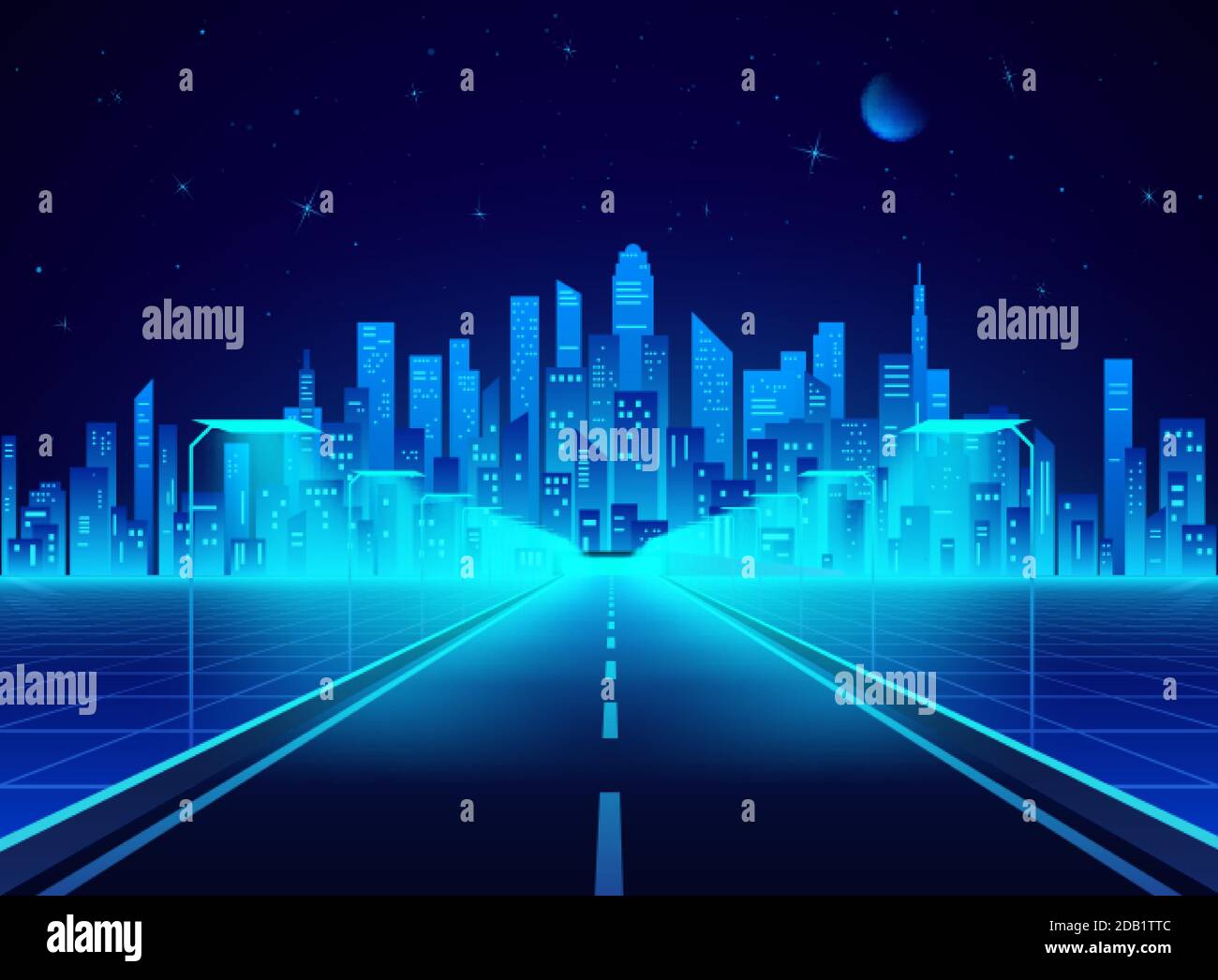 Neon retro city landscape in blue colors. Highway to cyberpunk futuristic town. Sci-fi background abstract digital architecture. Vector illustration Stock Vector