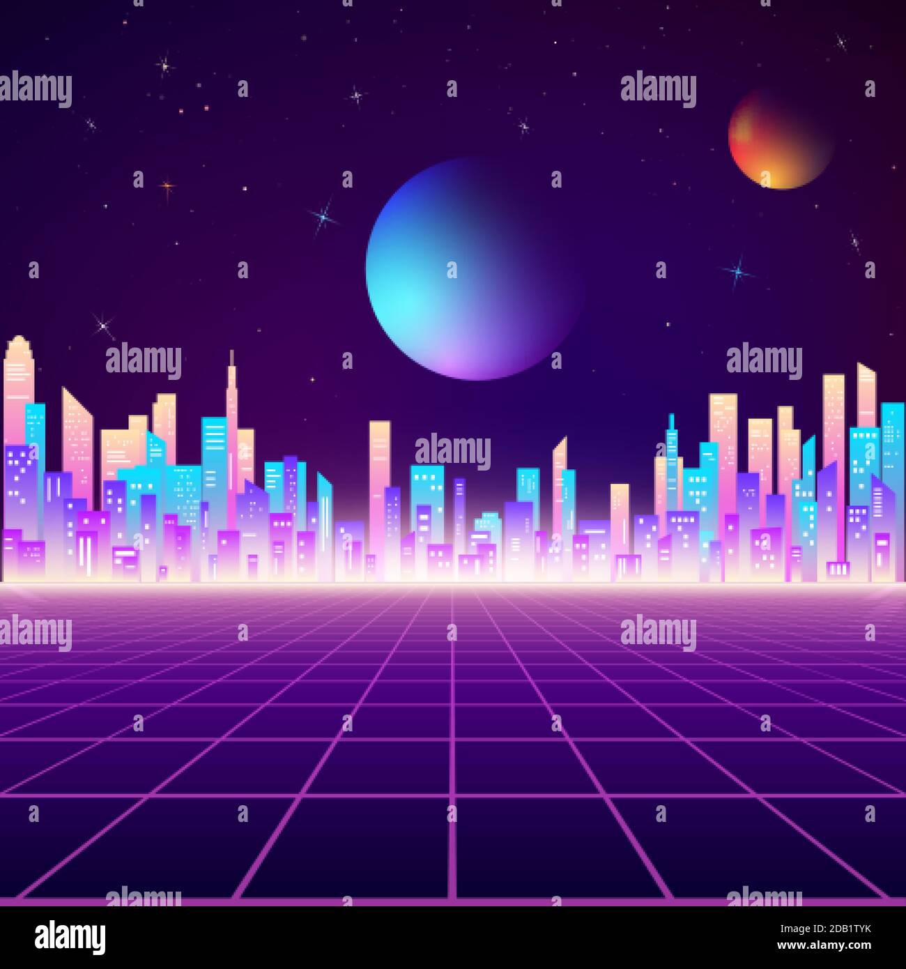 Retro city landscape in neon colors. Cyberpunk futuristic town. Sci-fi background abstract digital architecture. Vector illustration Stock Vector