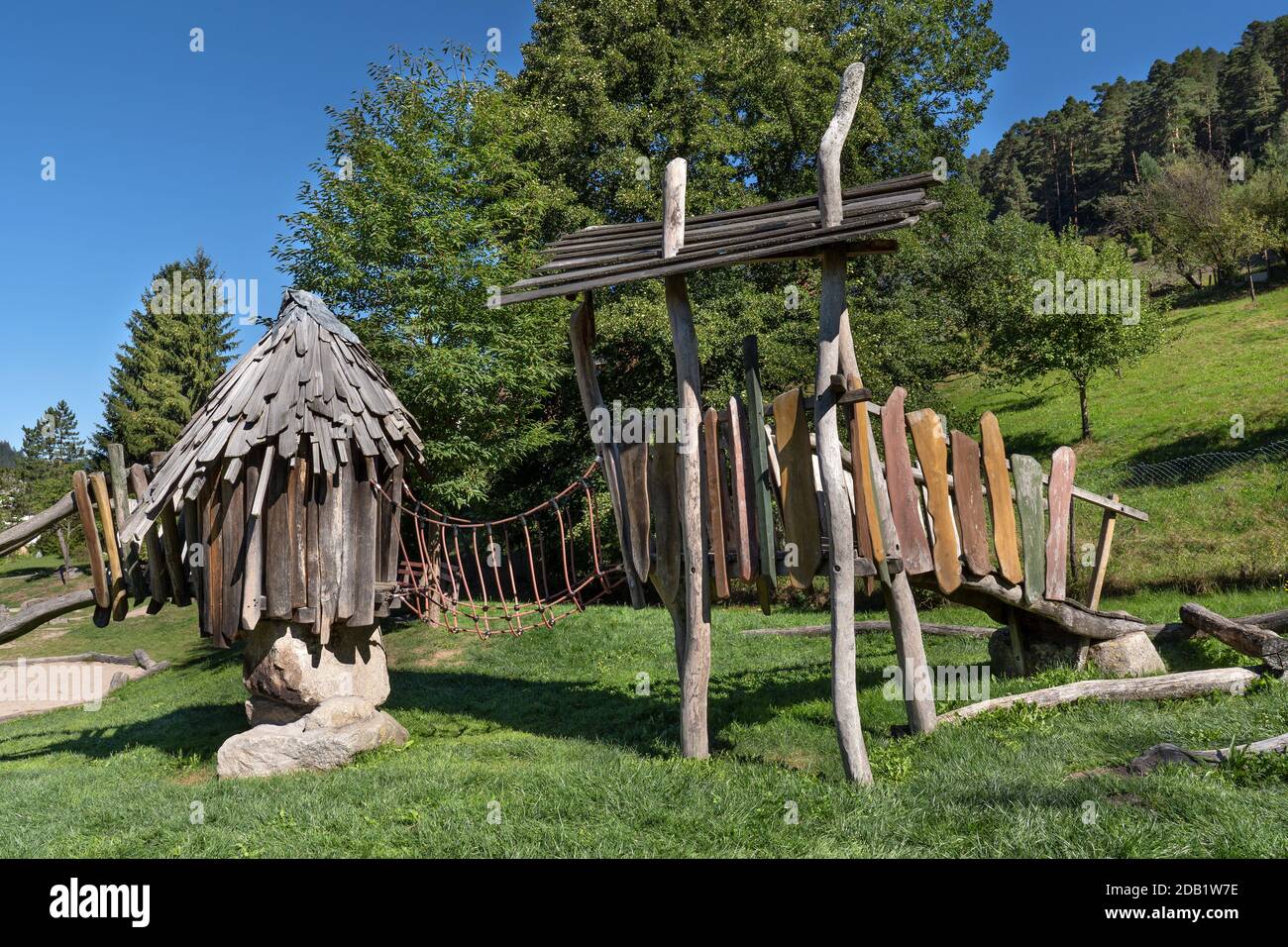 Playground with imaginative wooden play equipment Stock Photo