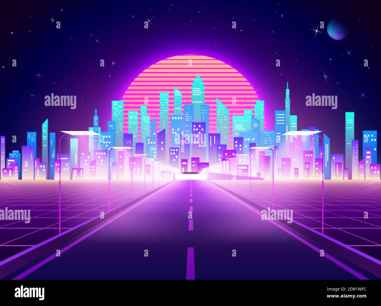 Highway to Cyberpunk futuristic town. Neon retro city landscape. Sci-fi background abstract digital architecture. Vector illustration Stock Vector