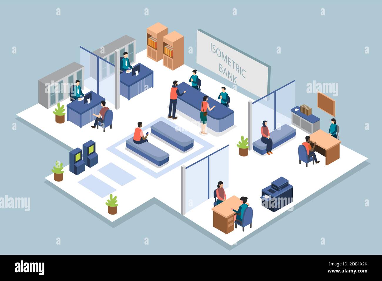 Isometric bank with clients Vector illustration Stock Vector