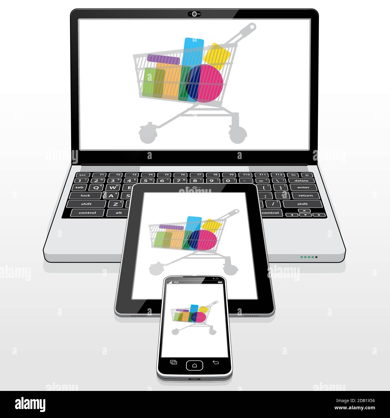 Online e-retail (e-commerce) shopping presented on the 3 presented Mobile devices. Stock Vector