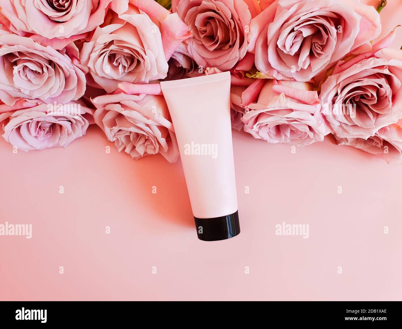 Mock-up light pink squeeze bottle plastic tube with black cap and pink  roses on pastel pink background. Bottle for branding and label. Natural  organic Stock Photo - Alamy