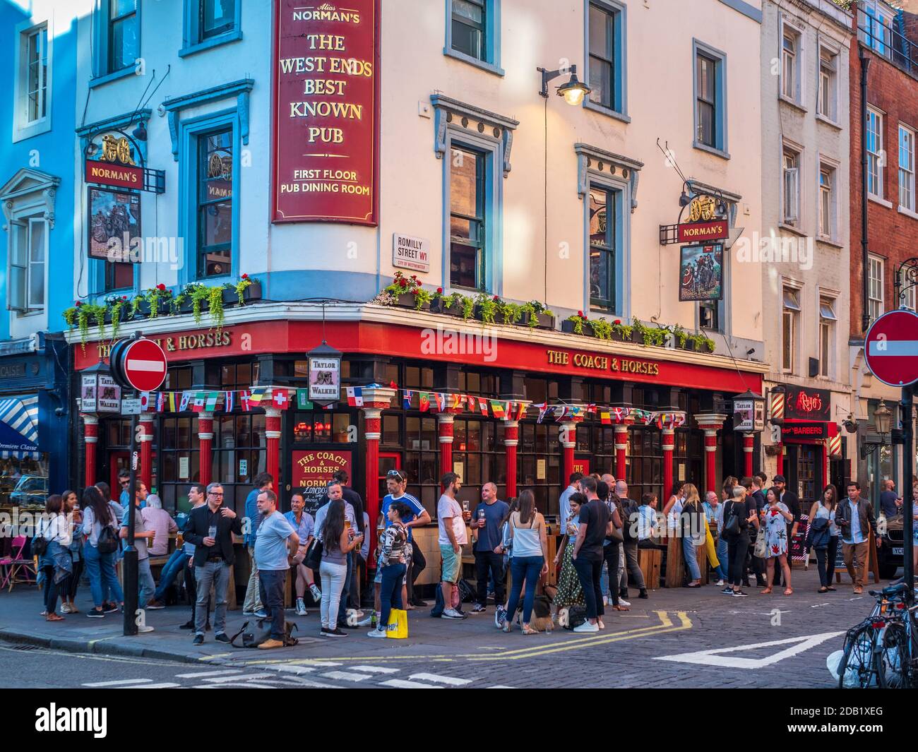 Coach and Horses Pub in London's Soho. The famous Coach & Horses at 29 Greek Street in London's West End. Built early 19th century Grade II listed. Stock Photo