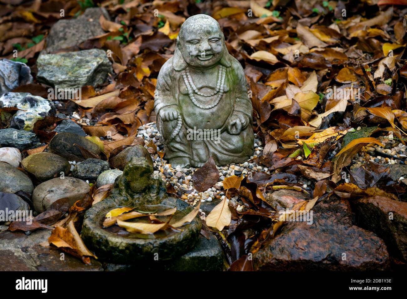 Buddha and Fallen Autumn leaves Thaxted Essex England November 2020 Stock Photo
