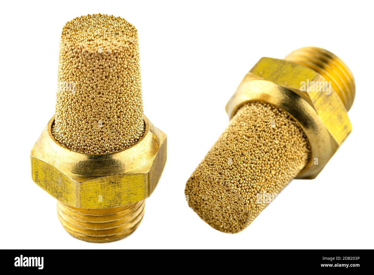 Macro shots of two air silencers caked with brass balls, isolated on a